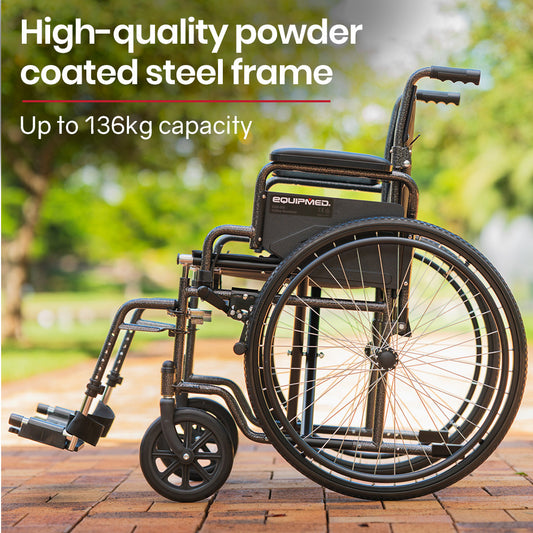 Equipmed 24-inch folding bariatric wheelchair by Hlpmedical with XL width, dark grey hammertone finish, park brakes, and retractable armrests.