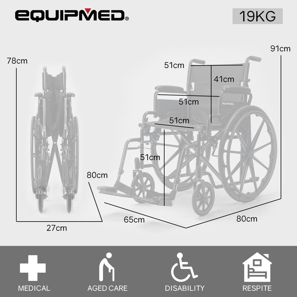 Equipmed 24-inch folding bariatric wheelchair with XL wide design, dark grey hammertone, park brakes, retractable armrests, 136kg capacity.