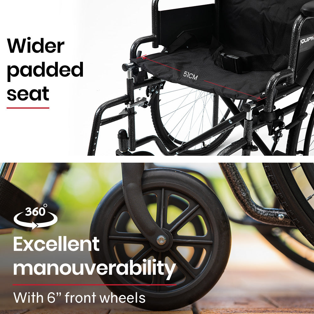 Equipmed 24-inch folding bariatric wheelchair in dark grey hammertone with XL wide design, park brakes, retractable armrests, 136kg capacity.
