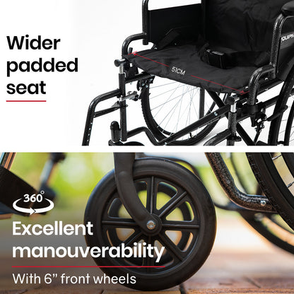 Equipmed 24-inch folding bariatric wheelchair in dark grey hammertone with XL wide design, park brakes, retractable armrests, 136kg capacity.