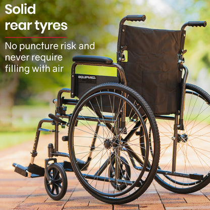 Equipmed 24-inch folding bariatric wheelchair with XL wide design, dark grey hammertone finish, park brakes, and retractable armrests.