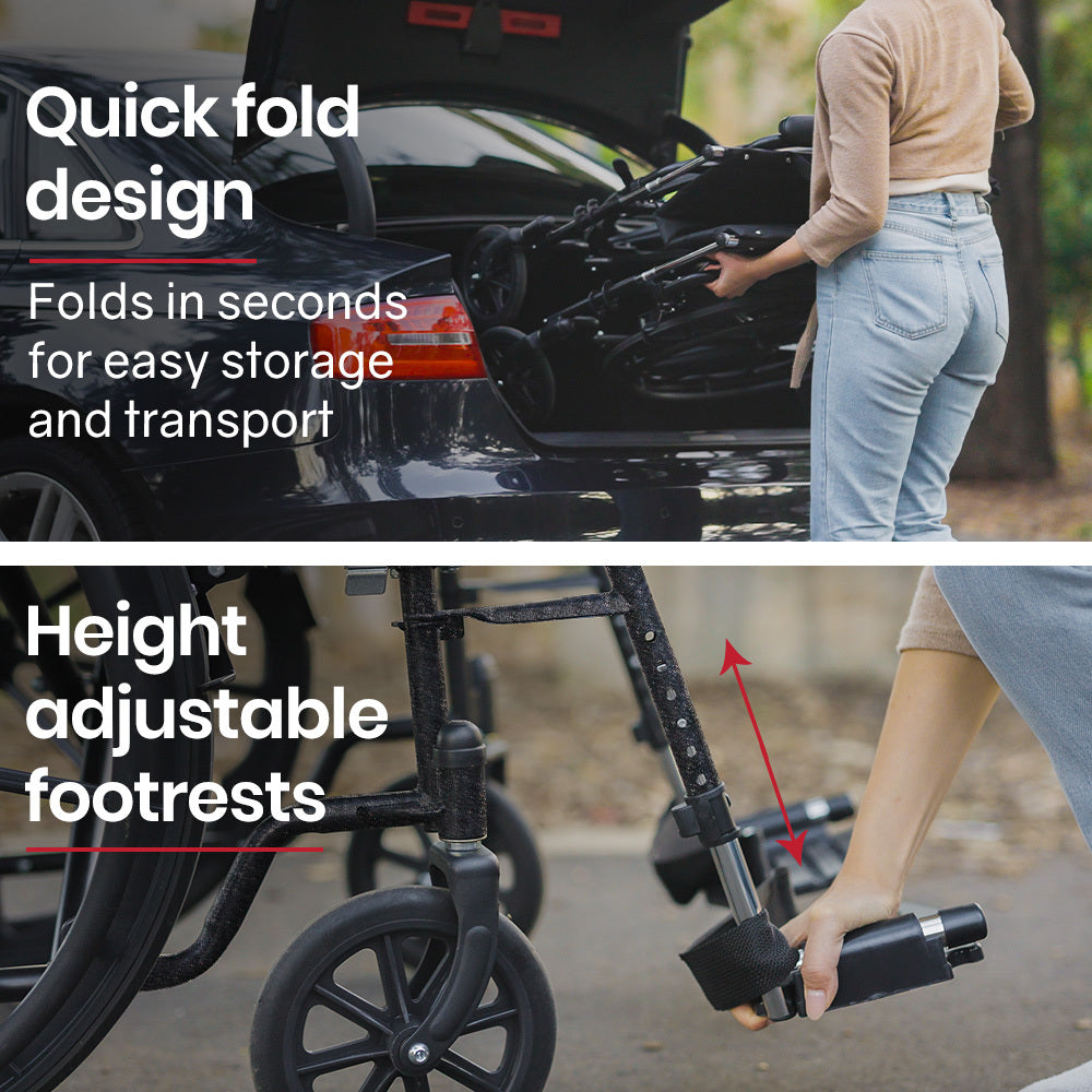 Hlpmedical Equipmed 24-inch folding bariatric wheelchair with dark grey hammertone finish, XL wide design, park brakes, and retractable armrests.