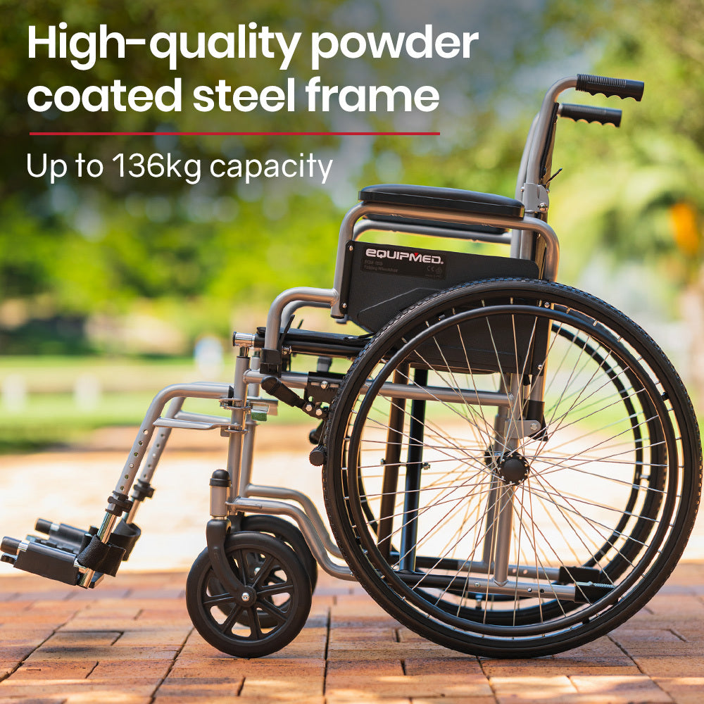 Grey EQUIPMED 24-inch folding wheelchair by Hlpmedical, lightweight and portable for elderly and disabled users.