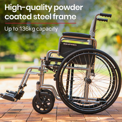 Grey EQUIPMED 24-inch folding wheelchair by Hlpmedical, lightweight and portable for elderly and disabled users.