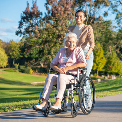 Grey EQUIPMED 24-inch folding wheelchair by Hlpmedical, lightweight and portable designed for elderly and disabled users.