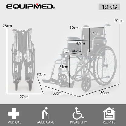 Grey EQUIPMED 24-inch folding wheelchair by Hlpmedical, lightweight and portable for elderly and disabled individuals.