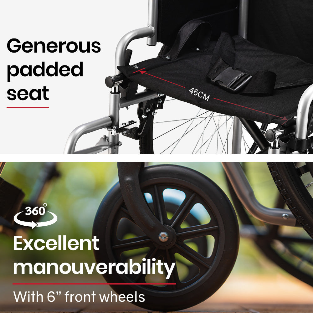 Grey EQUIPMED 24-inch folding wheelchair by Hlpmedical, lightweight and portable design for elderly and disabled individuals.