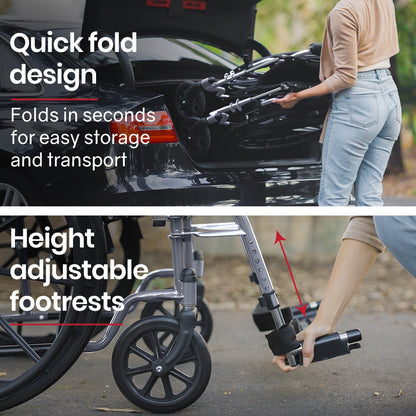 Grey EQUIPMED 24-inch folding wheelchair by Hlpmedical, lightweight and portable for elderly and disabled mobility assistance.