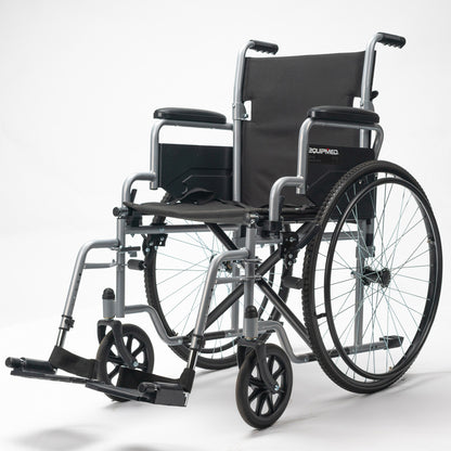 Grey EQUIPMED 24-inch lightweight folding wheelchair by Hlpmedical, designed for elderly and disabled, portable and easy to transport.