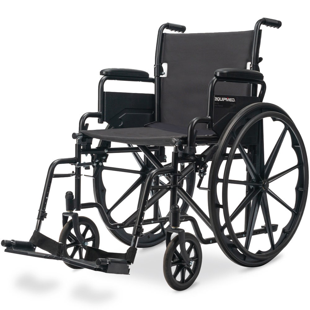 Black EQUIPMED 24-inch folding wheelchair with park brakes, 136kg capacity, 51cm wide seat, designed for mobility and accessibility.