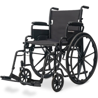 Black EQUIPMED 24-inch folding wheelchair with park brakes, 136kg capacity, 51cm wide seat, designed for mobility and accessibility.