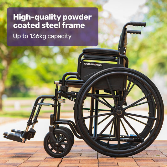 Black EQUIPMED 24-inch folding wheelchair with park brakes, 136kg capacity, 51cm wide seat, designed for mobility and accessibility.