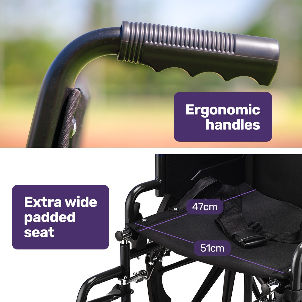 Black EQUIPMED 24-inch folding wheelchair with park brakes, 136kg capacity, 51cm wide seat, designed for mobility and accessibility.