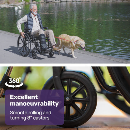 Hlpmedical EQUIPMED 24-inch black folding wheelchair with park brakes, 136kg capacity, 51cm wide seat, for mobility and accessibility.