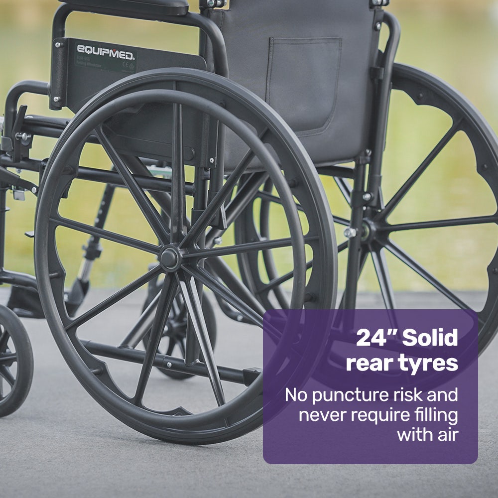 Black EQUIPMED 24-inch folding wheelchair with park brakes, 136kg capacity, 51cm wide seat, for mobility and accessibility.