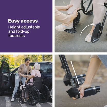 Black EQUIPMED 24-inch folding wheelchair with park brakes, 136kg capacity, 51cm wide seat, designed for mobility and accessibility.