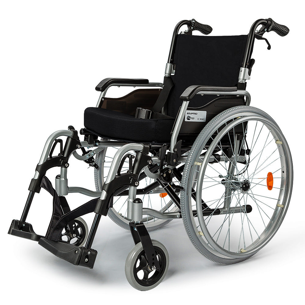 Hlpmedical EQUIPMED 24-inch portable folding wheelchair with alloy frame, designed for senior and elderly mobility assistance.