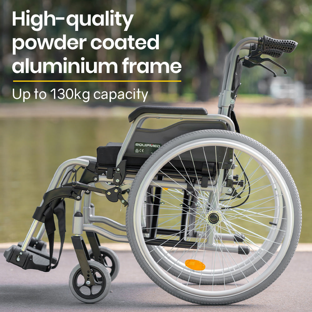Hlpmedical EQUIPMED 24-inch portable folding wheelchair with alloy frame, designed for seniors and elderly mobility aid.
