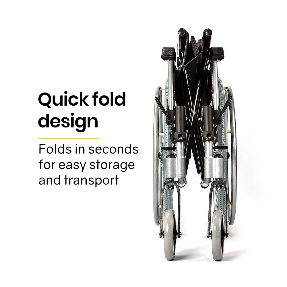 Hlpmedical EQUIPMED 24-inch portable folding wheelchair with alloy frame, designed for senior and elderly mobility assistance.