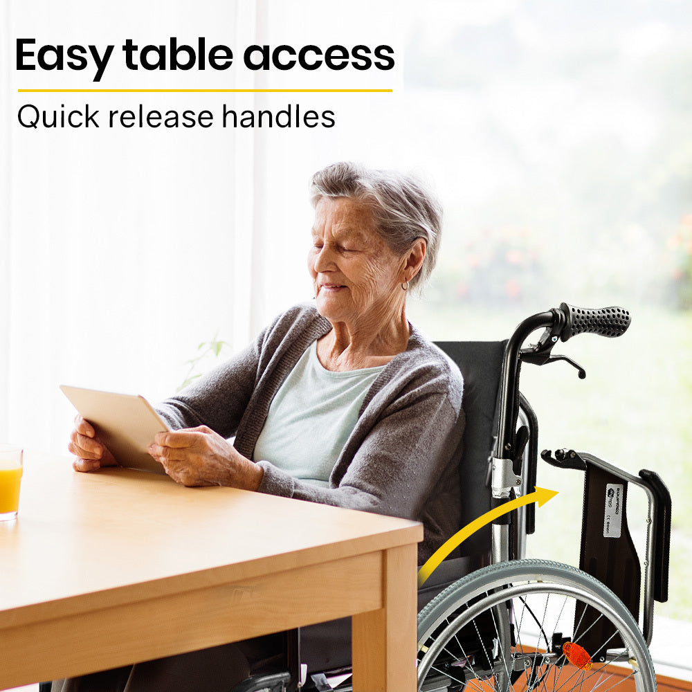Portable EQUIPMED 24-inch folding wheelchair with alloy frame, designed for senior and elderly mobility assistance.