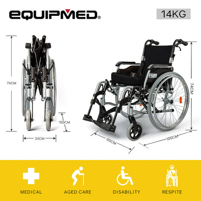 Hlpmedical EQUIPMED 24-inch portable folding wheelchair with alloy frame for senior and elderly mobility aid.