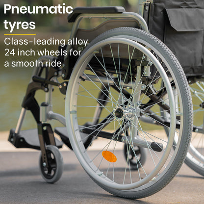 Hlpmedical EQUIPMED 24-inch portable folding wheelchair with alloy frame, designed for seniors and elderly mobility assistance.