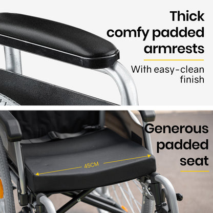 EQUIPMED 24-inch portable folding wheelchair with alloy frame, designed for seniors and elderly mobility aid.