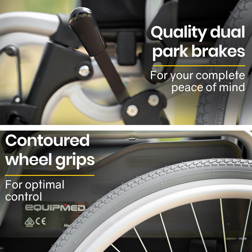 Hlpmedical EQUIPMED 24-inch portable folding wheelchair with alloy frame, designed for seniors and elderly mobility aid.