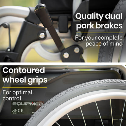 Hlpmedical EQUIPMED 24-inch portable folding wheelchair with alloy frame, designed for seniors and elderly mobility aid.