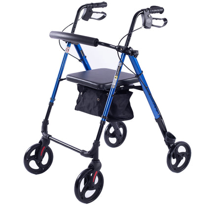 Blue EQUIPMED 4-wheel lightweight rollator walker with aluminium frame, seat, and carry bag for seniors.