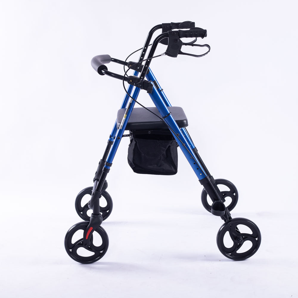 Hlpmedical EQUIPMED 4-wheel lightweight rollator walker with aluminium frame, blue seat, carry bag for seniors, mobility aid