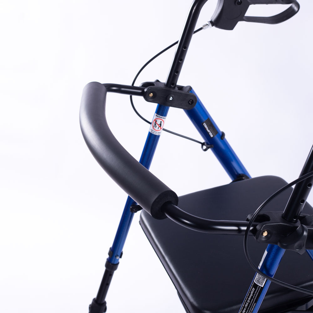 Blue EQUIPMED 4-wheel lightweight rollator walker with aluminium frame, seat, and carry bag for seniors.