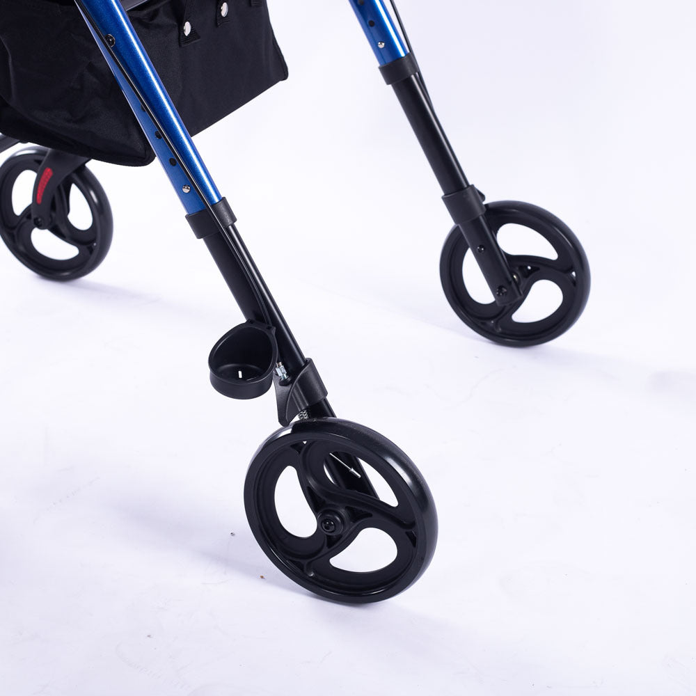 Blue EQUIPMED 4-wheel lightweight rollator walker with aluminium frame, seat, and carry bag designed for seniors.