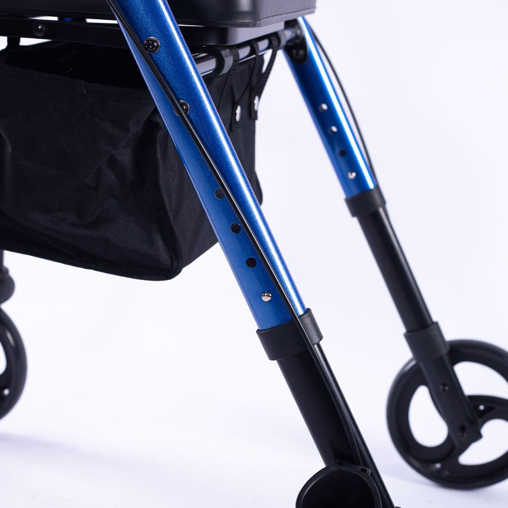 Blue EQUIPMED 4-wheel lightweight rollator walker with aluminium frame, seat, and carry bag for seniors.