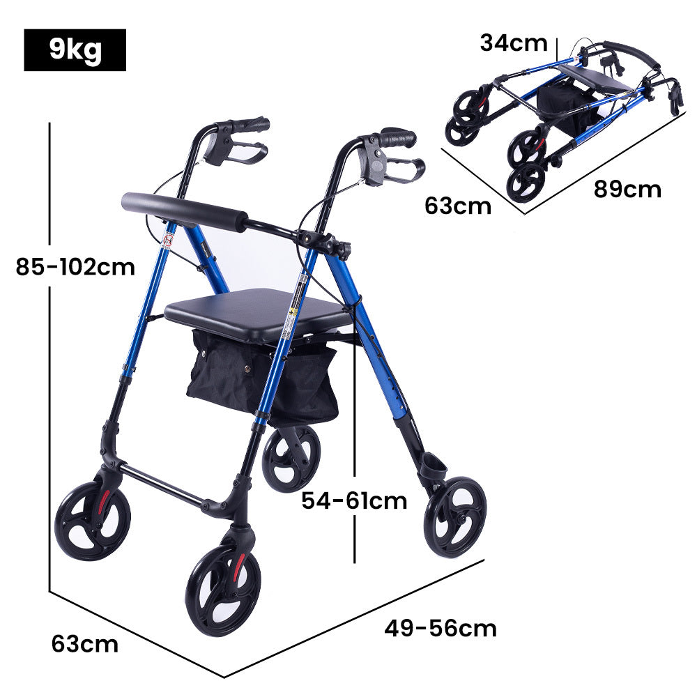 Blue EQUIPMED 4-wheel lightweight rollator walker with aluminium frame, seat, and carry bag for seniors, by Hlpmedical.