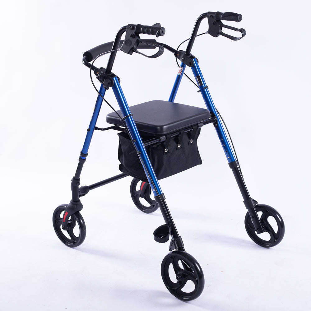 Blue EQUIPMED 4-wheel lightweight rollator walker with aluminium frame, seat, and carry bag for seniors.