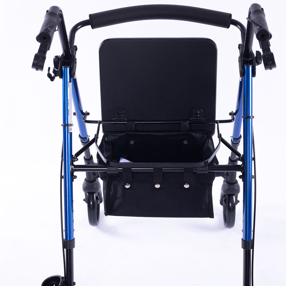 Blue EQUIPMED 4-wheel lightweight rollator walker with aluminum frame, seat, and carry bag for seniors.