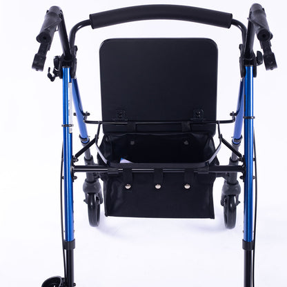 Blue EQUIPMED 4-wheel lightweight rollator walker with aluminum frame, seat, and carry bag for seniors.