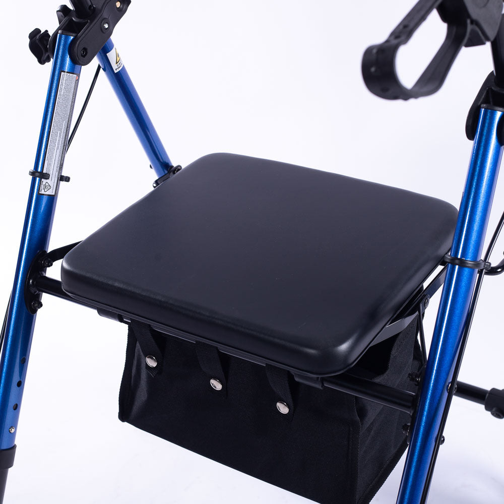 Blue EQUIPMED 4-wheel lightweight rollator walker with aluminium frame, seat, and carry bag for seniors.
