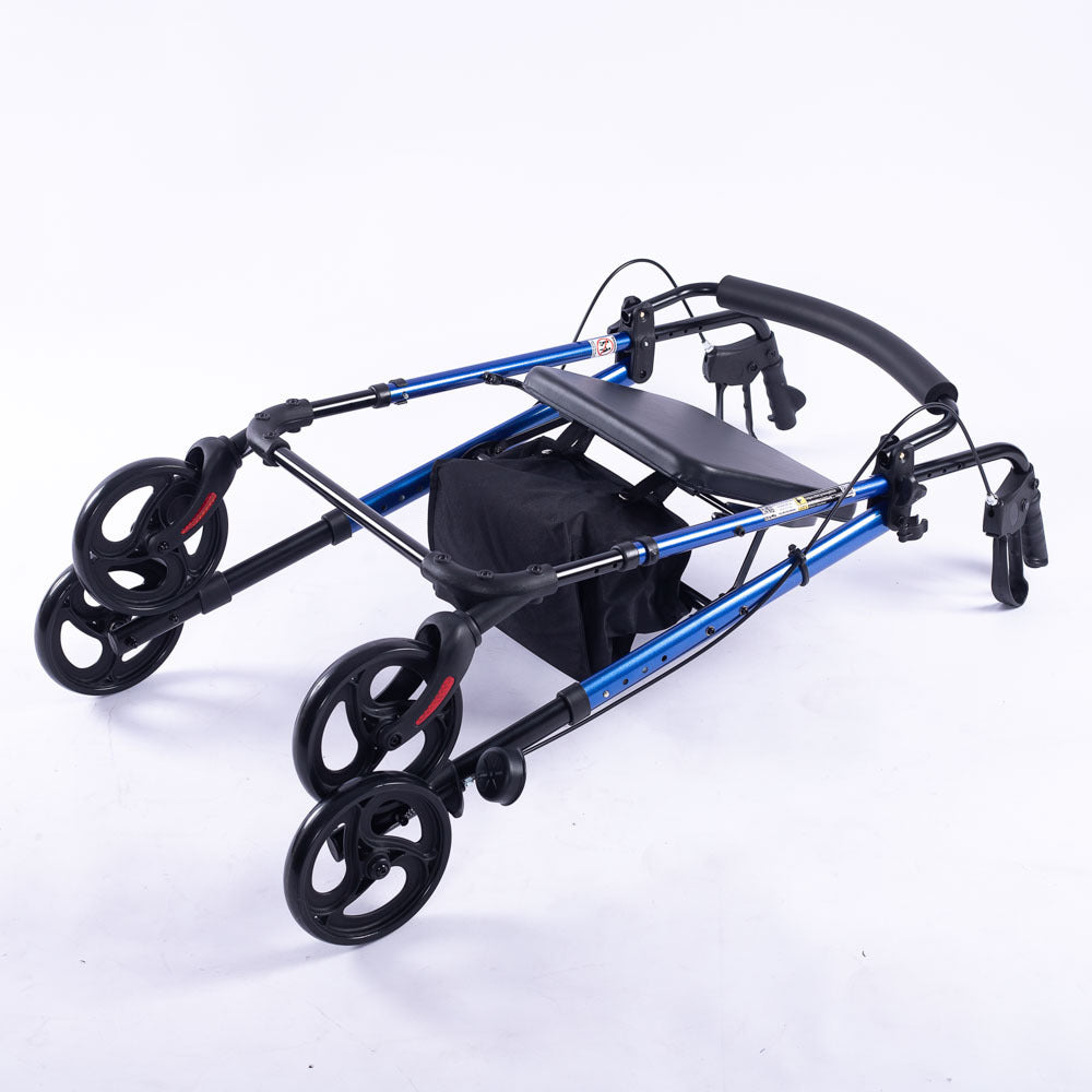 Blue EQUIPMED 4-wheel lightweight rollator walker with aluminium frame, seat, and carry bag for seniors.