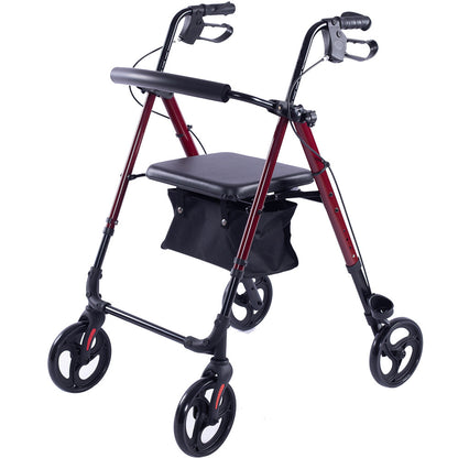 Red EQUIPMED 4-wheel lightweight rollator walker with aluminium frame, seat, and carry bag for seniors.