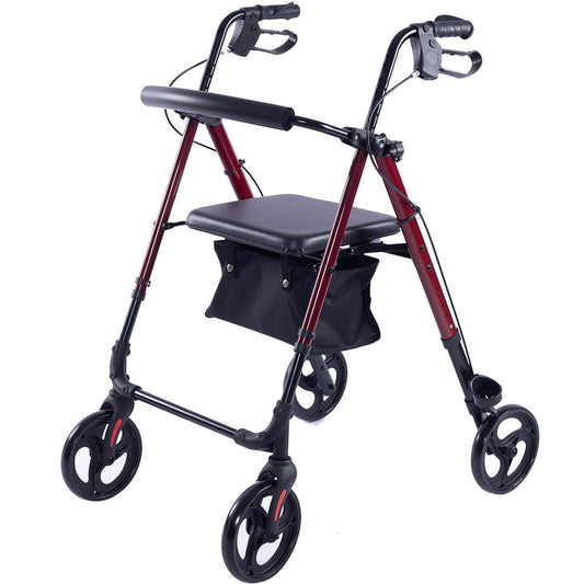 Red EQUIPMED 4-wheel lightweight rollator walker with aluminium frame, seat, and carry bag for seniors.