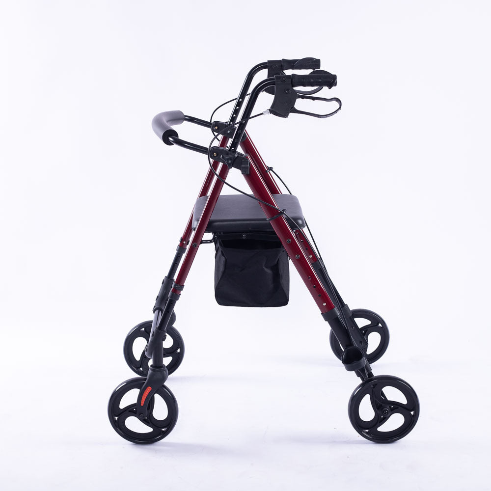 Red EQUIPMED 4-wheel lightweight rollator walker with aluminium frame, seat, and carry bag for seniors.