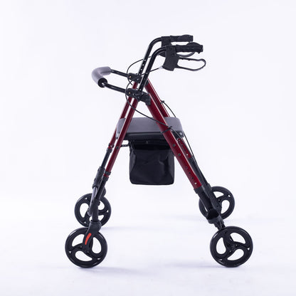 Red EQUIPMED 4-wheel lightweight rollator walker with aluminium frame, seat, and carry bag for seniors.