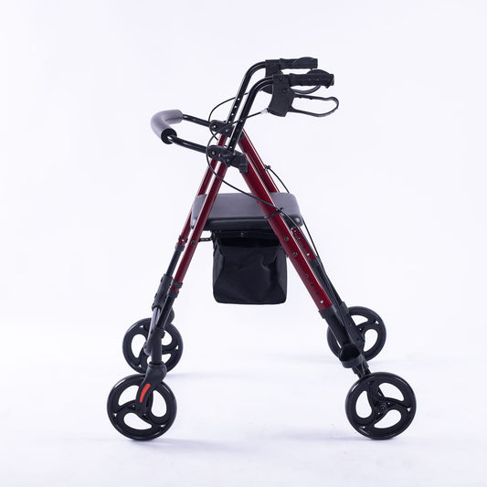 Red EQUIPMED 4-wheel lightweight rollator walker with aluminium frame, seat, and carry bag for seniors.