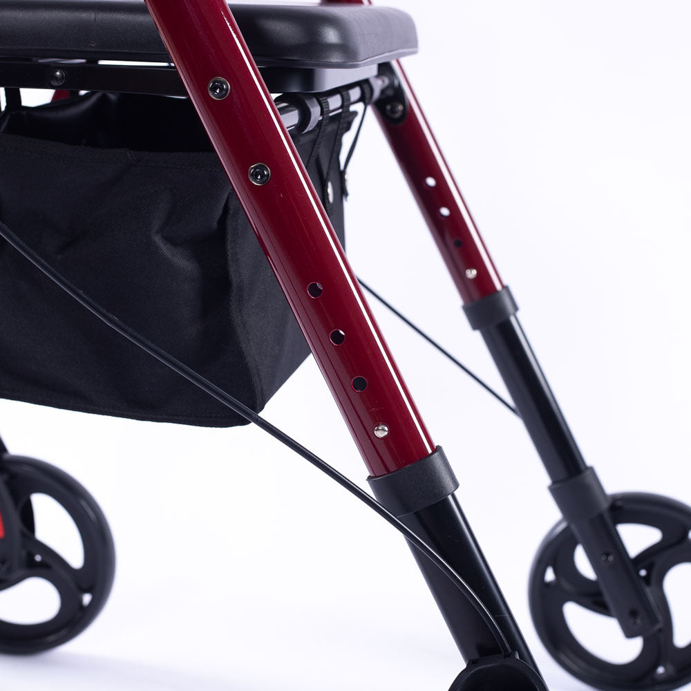 Hlpmedical EQUIPMED 4-wheel lightweight rollator walker with aluminium frame, seat, and carry bag in red for seniors.
