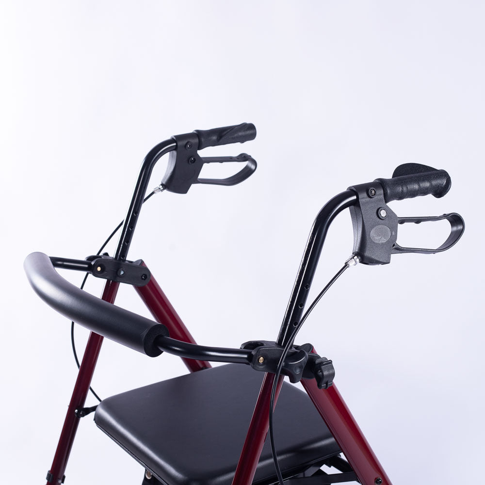 Red EQUIPMED 4-wheel lightweight rollator walker with aluminium frame, seat, and carry bag, designed for seniors.