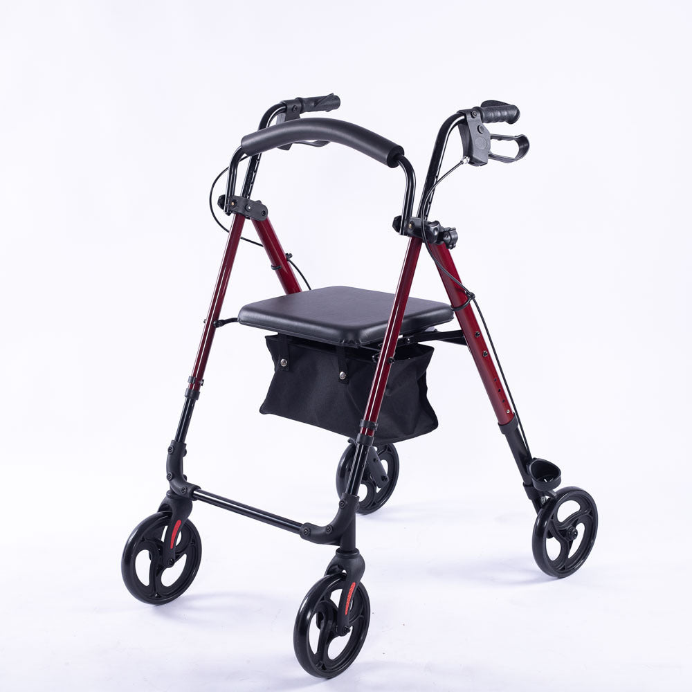 Red EQUIPMED 4-wheel lightweight rollator walker with aluminum frame, seat, and carry bag designed for seniors.