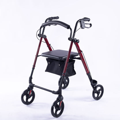 Red EQUIPMED 4-wheel lightweight rollator walker with aluminum frame, seat, and carry bag designed for seniors.