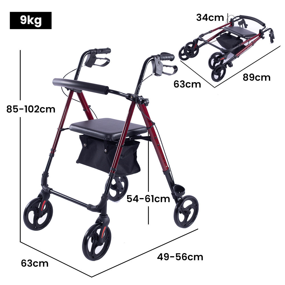 Red EQUIPMED 4-wheel lightweight rollator walker with aluminium frame, seat, and carry bag for seniors, by Hlpmedical.